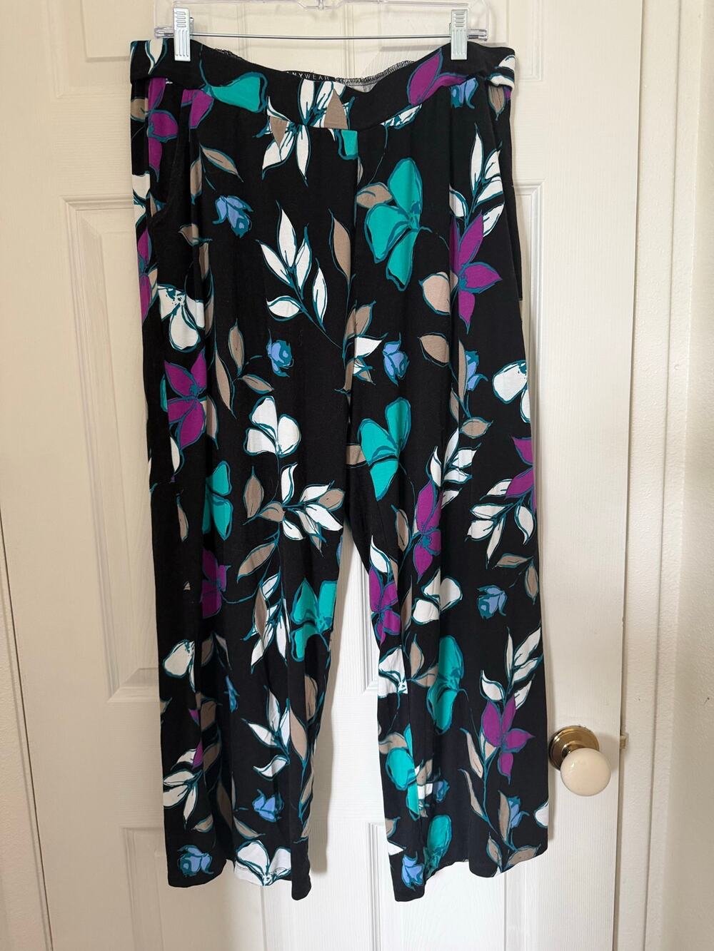 Anywear by Catherines Floral Wide Leg Pants 1X Black Teal Purple